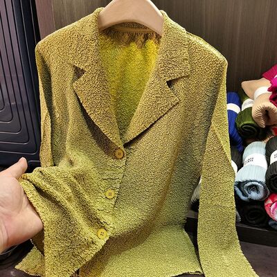 Women's Elegant Rabbit Fur Blazer Jacket New Fashion Design Pleats Long Sleeve Chiffon Coat Casual for Winter Commuting