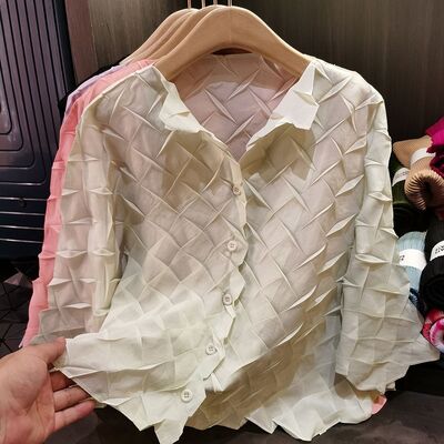 Women's Open Button Pleated Top Casual Jacket Large Size Loose Fit New Spring Collection Thin Outerwear Long Length