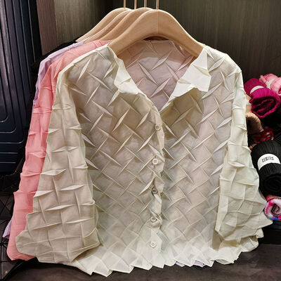 Women's Open Button Pleated Top Casual Jacket Large Size Loose Fit New Spring Collection Thin Outerwear Long Length