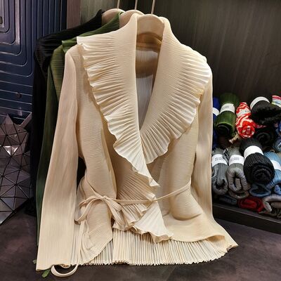 Women's Elegant Pleated Lace-up Cardigan Top Long Sleeved Spring/Summer Coat with Polyester Lining New Style