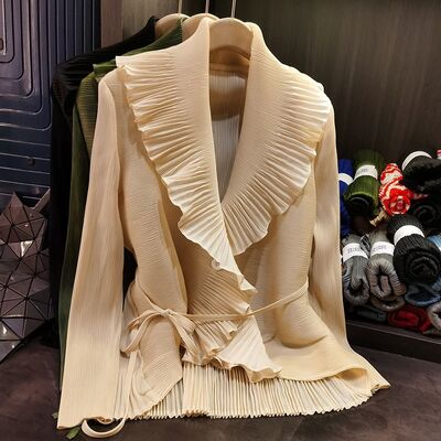 Women's Elegant Pleated Lace-up Cardigan Top Long Sleeved Spring/Summer Coat with Polyester Lining New Style