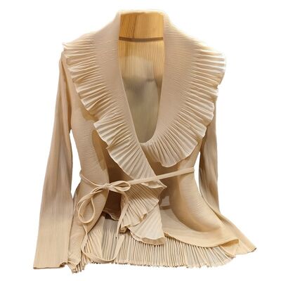 Women's Elegant Pleated Lace-up Cardigan Top Long Sleeved Spring/Summer Coat with Polyester Lining New Style