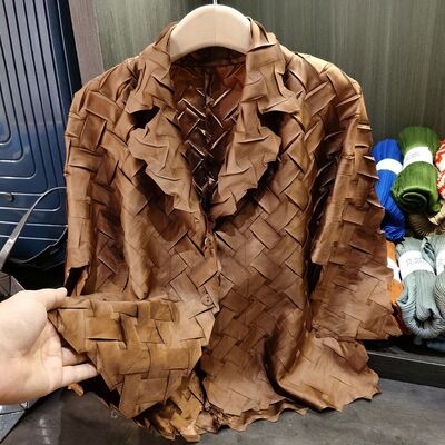 Women's Elegant Commuter Long Sleeve  Solid Color Woven Texture Pleated Turn-Down Collar Casual Polyester New