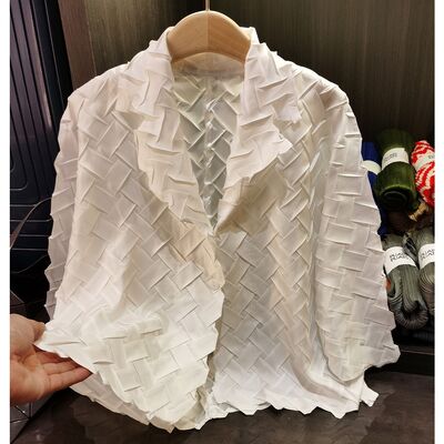 Women's Elegant Commuter Long Sleeve  Solid Color Woven Texture Pleated Turn-Down Collar Casual Polyester New