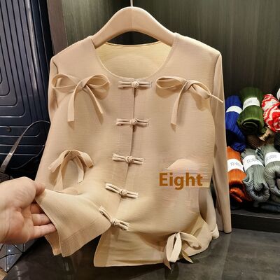 Women's New Chinese Style Long Sleeved Cardigan Pleated Top Button Bow Solid Color for Spring Social Occasions Casual Polyester