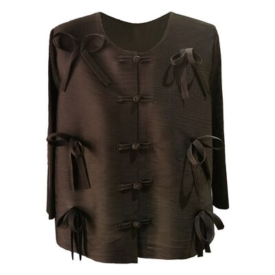 Women's New Chinese Style Long Sleeved Cardigan Pleated Top Button Bow Solid Color for Spring Social Occasions Casual Polyester