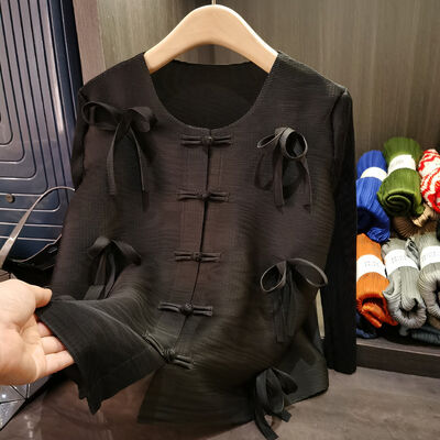 Women's New Chinese Style Long Sleeved Cardigan Pleated Top Button Bow Solid Color for Spring Social Occasions Casual Polyester