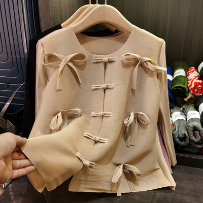 Women's New Chinese Style Long Sleeved Cardigan Pleated Top Button Bow Solid Color for Spring Social Occasions Casual Polyester