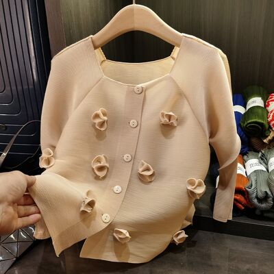 Women's Elegant Work Single-Breasted Cardigan Jacket New Summer Fashionable Square Collar Stereo Flower