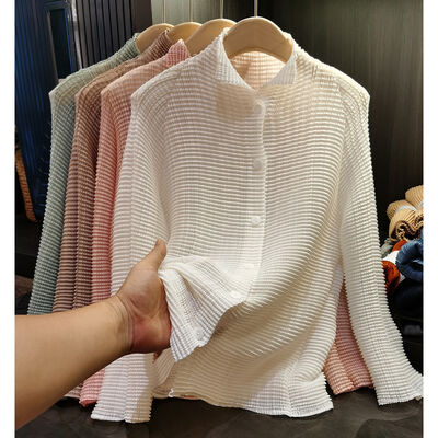 2025 Women's Spring Collection Breathable Sun Protection Casual Single Breasted Shirt with Pleated Stand-Up Collar Long Sleeves