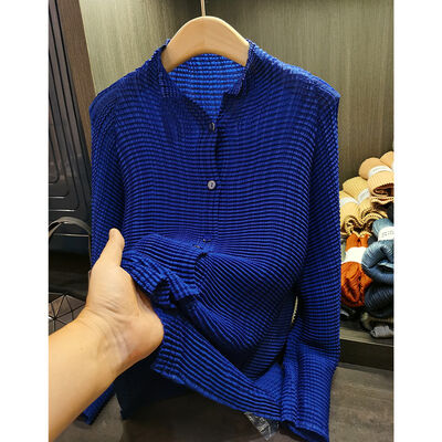 2025 Women's Spring Collection Breathable Sun Protection Casual Single Breasted Shirt with Pleated Stand-Up Collar Long Sleeves