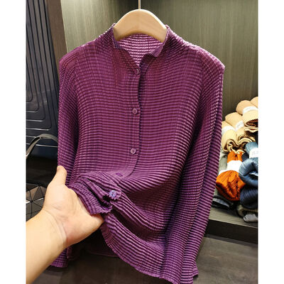 2025 Women's Spring Collection Breathable Sun Protection Casual Single Breasted Shirt with Pleated Stand-Up Collar Long Sleeves