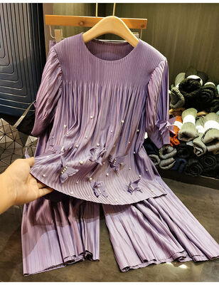 Fashion suit top pants two-piece casual design solid color three-dimensional butterfly nail bead pleated suit