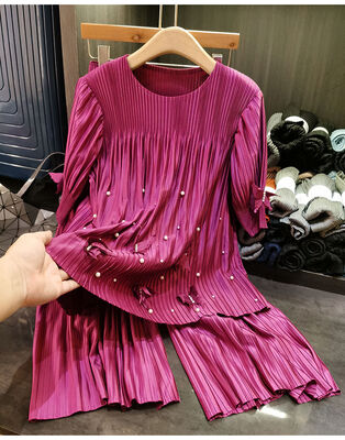 Fashion suit top pants two-piece casual design solid color three-dimensional butterfly nail bead pleated suit