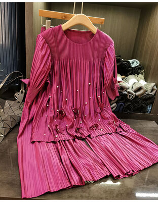 Fashion suit top pants two-piece casual design solid color three-dimensional butterfly nail bead pleated suit