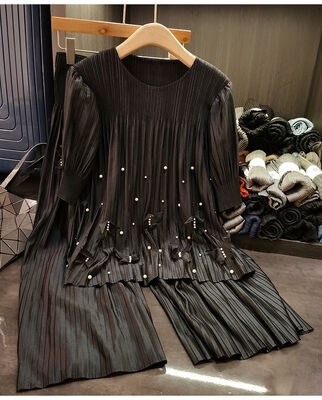 Fashion suit top pants two-piece casual design solid color three-dimensional butterfly nail bead pleated suit