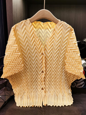 Handmade Pleated Top Cardigan Jacket Five-Sleeve Versatile Design Neck Wave Geometric Slimming Loose Fit Plus Size Casual Summer