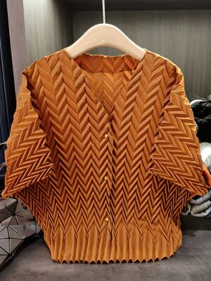 Handmade Pleated Top Cardigan Jacket Five-Sleeve Versatile Design Neck Wave Geometric Slimming Loose Fit Plus Size Casual Summer