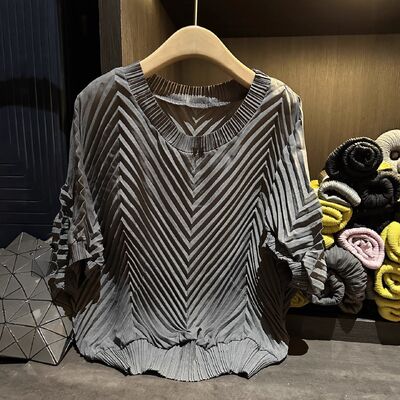 Handmade Pleated Paper Pattern Design Korean Version Loose Short-Sleeved Solid Color T-Shirt for Women Ribbed Neck Summer