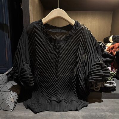 Handmade Pleated Paper Pattern Design Korean Version Loose Short-Sleeved Solid Color T-Shirt for Women Ribbed Neck Summer