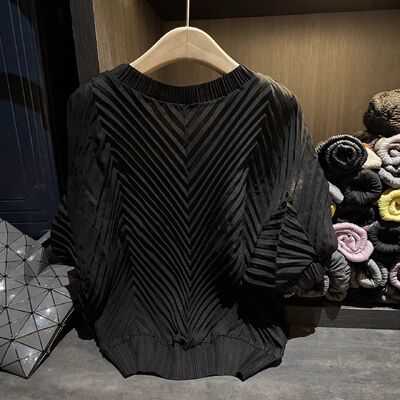 Handmade Pleated Paper Pattern Design Korean Version Loose Short-Sleeved Solid Color T-Shirt for Women Ribbed Neck Summer