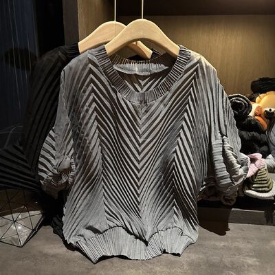 Handmade Pleated Paper Pattern Design Korean Version Loose Short-Sleeved Solid Color T-Shirt for Women Ribbed Neck Summer