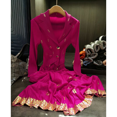 Elegant and Sophisticated Gold Stamping Ruched Midi Dress Autumn Slimming Flared Pleated Suit Collar for Parties