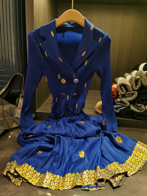 Elegant and Sophisticated Gold Stamping Ruched Midi Dress Autumn Slimming Flared Pleated Suit Collar for Parties