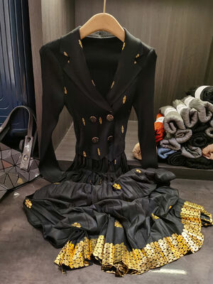 Elegant and Sophisticated Gold Stamping Ruched Midi Dress Autumn Slimming Flared Pleated Suit Collar for Parties