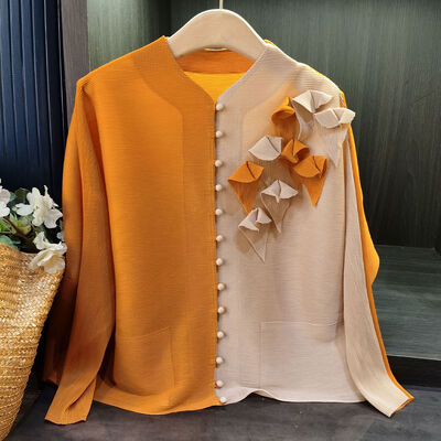 Spring 2025 Women's Three-dimensional Flower Loose Pleated Single Breasted Long Sleeved Cardigan Women's Top