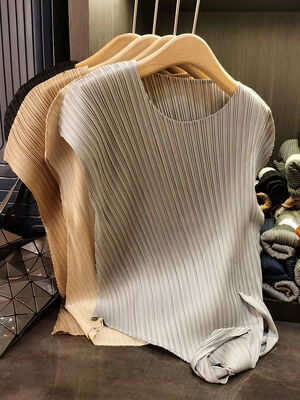 Women's Casual Short-Sleeved T-Shirt Summer New Arrival Pleated Top Irregular Wide Lace-up Solid Color Loose Slimming Knitted