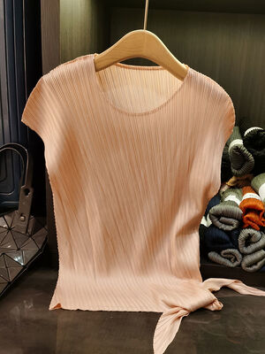 Women's Casual Short-Sleeved T-Shirt Summer New Arrival Pleated Top Irregular Wide Lace-up Solid Color Loose Slimming Knitted