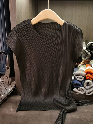 Women's Casual Short-Sleeved T-Shirt Summer New Arrival Pleated Top Irregular Wide Lace-up Solid Color Loose Slimming Knitted