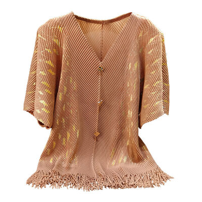 Summer New Fish Scale Pleated Print V-neck T-shirt Elegant Commuter Loose Casual Versatile Top Knitted Fabric