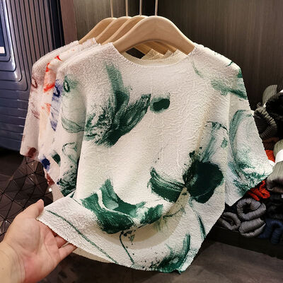 Short sleeved T-shirt summer new thin style ink print round neck slimming versatile batball sleeve top