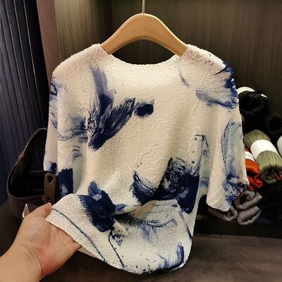 Short sleeved T-shirt summer new thin style ink print round neck slimming versatile batball sleeve top