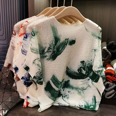 Short sleeved T-shirt summer new thin style ink print round neck slimming versatile batball sleeve top