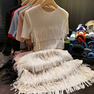 Women's Solid Color round Neck Short-Sleeved Cake Dress for Spring Summer Commuting Spliced Fringe Pleated with Temperament