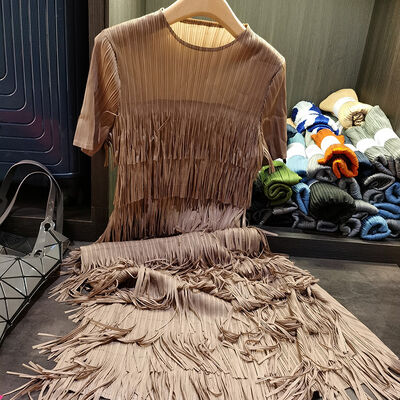 Women's Solid Color round Neck Short-Sleeved Cake Dress for Spring Summer Commuting Spliced Fringe Pleated with Temperament