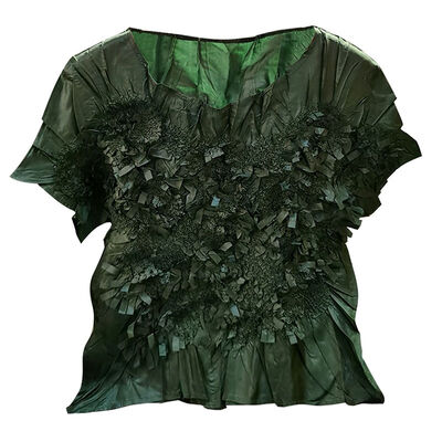 Niche Design Sense Handmade Women's Pleated Top T-Shirt Eco-Friendly Slim Stretch Short-Sleeved with Pile Flower Pattern