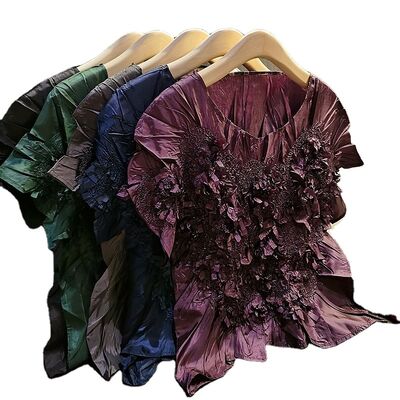 Niche Design Sense Handmade Women's Pleated Top T-Shirt Eco-Friendly Slim Stretch Short-Sleeved with Pile Flower Pattern