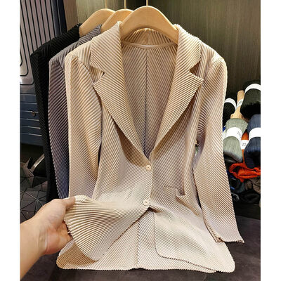 Solid Color Two-Button Long-Sleeved Cardigan New Autumn Fashion Women's Commute Suit Jacket Single Breasted Pleated Knitted