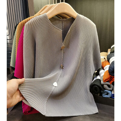 Button Decoration All Women's New Summer Vintage Style T-Shirt Pleated Top Loose Thin Short-Sleeved Breathable