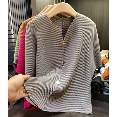 Button Decoration All Women's New Summer Vintage Style T-Shirt Pleated Top Loose Thin Short-Sleeved Breathable