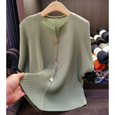 Button Decoration All Women's New Summer Vintage Style T-Shirt Pleated Top Loose Thin Short-Sleeved Breathable