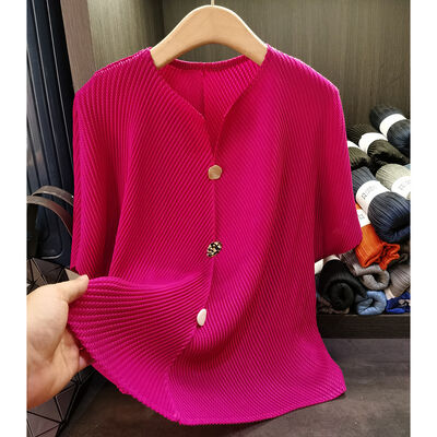 Button Decoration All Women's New Summer Vintage Style T-Shirt Pleated Top Loose Thin Short-Sleeved Breathable