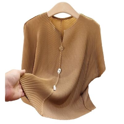 Button Decoration All Women's New Summer Vintage Style T-Shirt Pleated Top Loose Thin Short-Sleeved Breathable