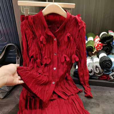 Design Sense Niche Women's Chic Daily Wear Two-Piece Set Handmade Pleated 3D Flower Summer Autumn Chiffon Skirt Solid Casual