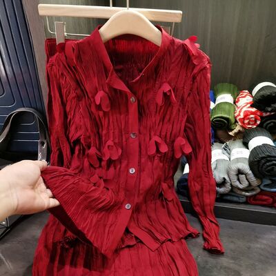 Design Sense Niche Women's Chic Daily Wear Two-Piece Set Handmade Pleated 3D Flower Summer Autumn Chiffon Skirt Solid Casual