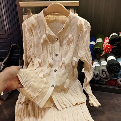 Design Sense Niche Women's Chic Daily Wear Two-Piece Set Handmade Pleated 3D Flower Summer Autumn Chiffon Skirt Solid Casual